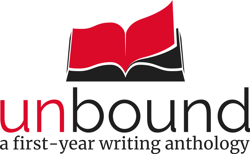 an open book with the text: "unbound, a first year writing anthology"