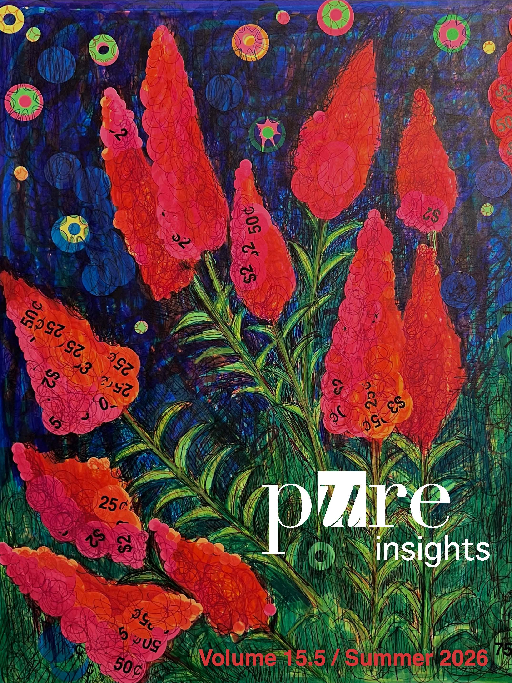 mixed media art of flowers against a dark starry sky, all made from red, circular price stickers with paint applied. prices are still visible on some stickers.