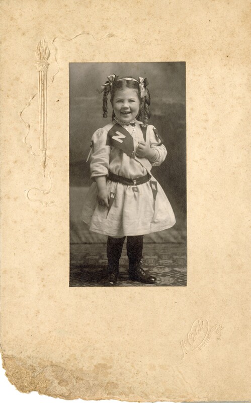 Hazel Robinson with OSNS pennants, 1907